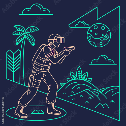 Virtual reality gamer in combat suit aiming gun in neon outline sci-fi jungle metaverse environment illustration with vr headset with palm trees with sci fi with science fiction with augmented reality