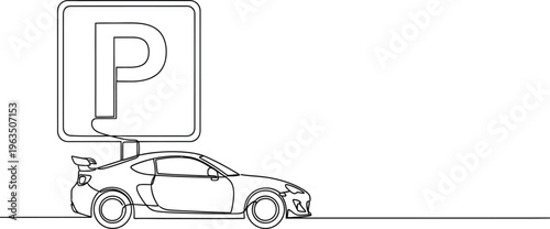 Sport car and parking sign line art on transparent background