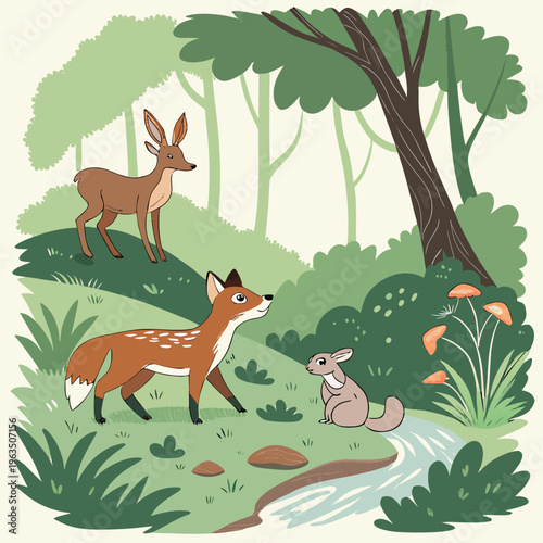 Charming woodland scene with roe deer, fox, and squirrel by a stream - nature wildlife forest illustration, hand drawn