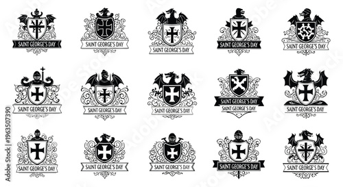 Set of 12 black and white heraldic crests with crosses and ornate designs on white background