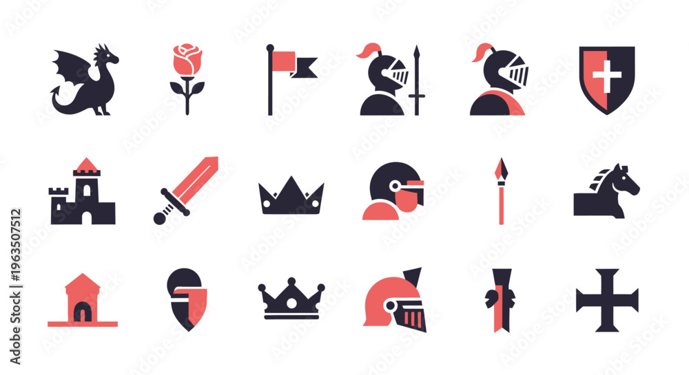 Fototapeta premium Medieval icons set including knight helmets dragons swords and shields on white background