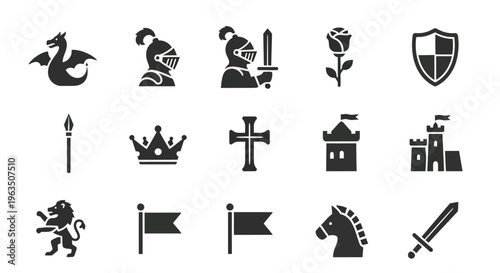 Medieval icons set including dragon knight castle sword and shield on white background
