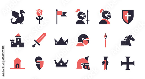 Medieval icons set including knight helmets dragons swords and shields on white background