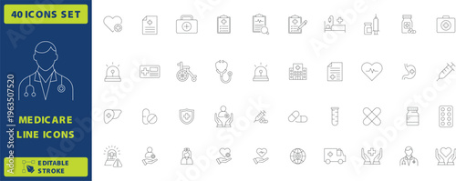 Medicare line icons set of 40 vector elements, medical healthcare symbols for hospital apps, thin stroke doctor and wellness pictograms