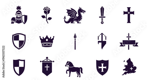 Medieval heraldic symbols and icons set including shields crowns swords dragons and crosses on white background