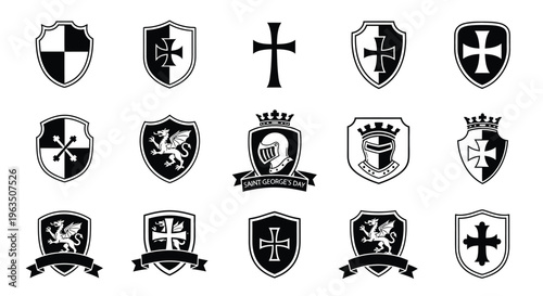 Collection of black and white heraldic shields and crosses with crowns lions and ribbons on white background