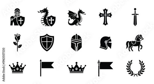 Medieval symbols and icons set including knight helmet dragon shield sword rose crown flag and laurel wreath on white background