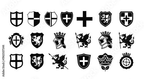 Collection of heraldic shields with crosses crowns and animal motifs in black on white background for logo design