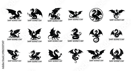 Collection of saint george's day dragon silhouettes and logos on white background