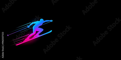 Skier silhouette with neon motion trails on black background. Man skiing in gradient blue and pink colors. Dynamic winter sport character, speed, athletic performance and energy concept.
