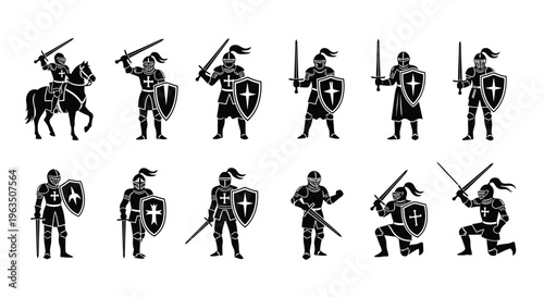 Medieval knights in armor with swords and shields standing and riding horse in various poses on white background