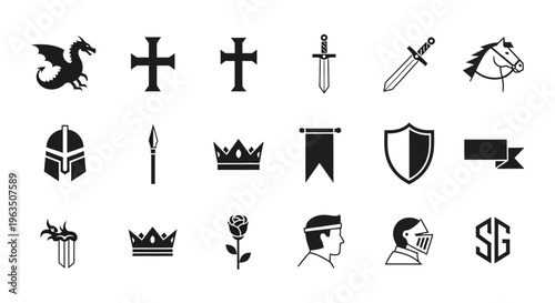 Medieval symbols and icons set including crowns swords shields dragons and helmets for heraldry and fantasy designs