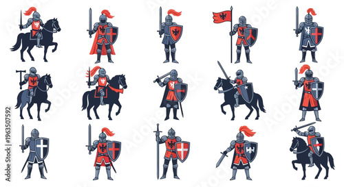 Medieval knights on horseback with swords and shields in armor red and grey uniforms historical battle scene