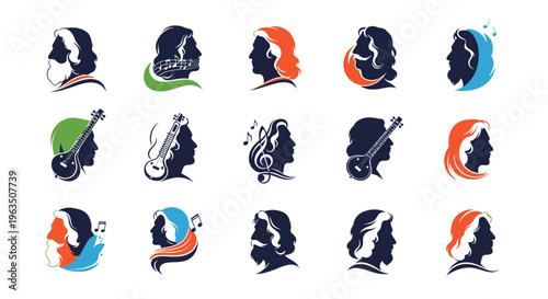 Vibrant silhouettes of people enjoying music with colorful swirling patterns and musical instruments