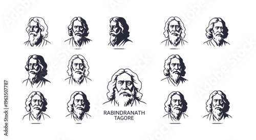 Rabindranath tagore multiple portrait illustrations in black and white on white background