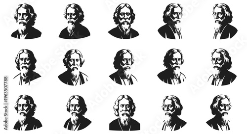 Collection of black and white illustrations of a man with various facial expressions and hairstyles