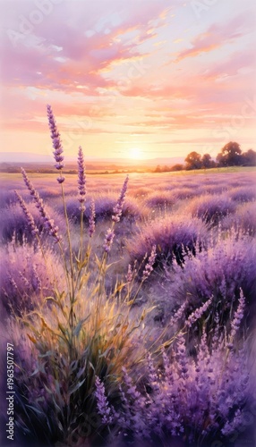 Lavender field at sunset. Purple flowers blooming in meadow during golden hour. Scenic rural landscape with soft light and summer clouds. Nature background, calm botanical scenery.