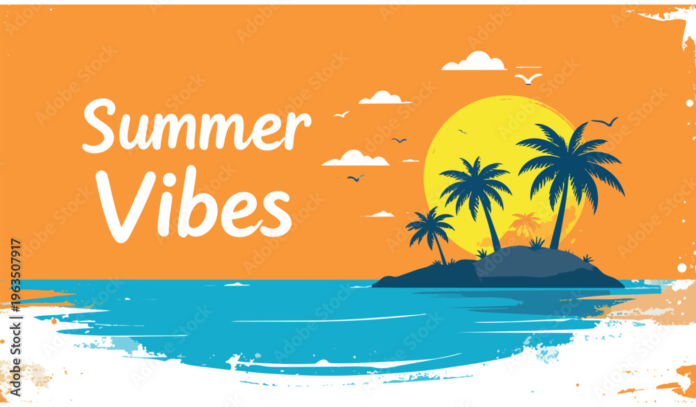 Fototapeta premium Stylized illustration depicts tropical island silhouette with palm trees against a vibrant orange sunset over blue water.