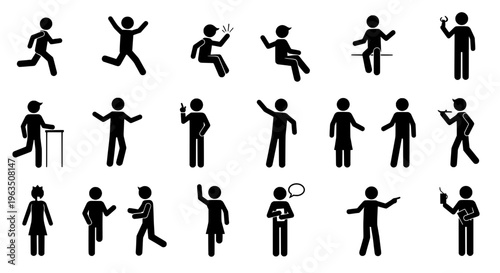 Stick figures icon set with various poses and actions in black silhouette on white background featuring running, jumping, dancing with talking and