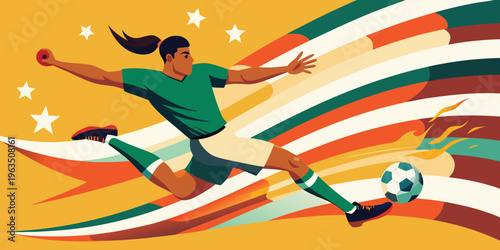 Dynamic soccer player kicking ball amidst vibrant national flags in action.