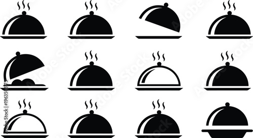Food serving cloche icons set featuring restaurant dish covers, hot meal symbols and catering elements, solid black vector collection for menu, hotel and kitchen design