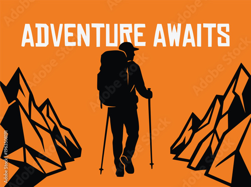 Hiker with backpack and trekking poles standing between mountains