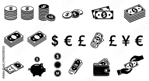 Money set with various currency symbols and banknotes, coins, piggy bank, wallet, and hand holding cash
