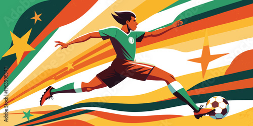 Athlete in vibrant colors kicking a soccer ball during a match