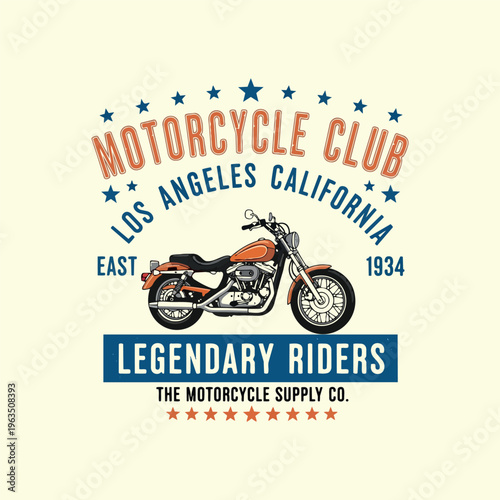 Motorcycle club emblem design features an orange cruiser motorcycle centered among various text banners and stars.