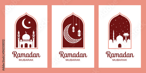 Ramadan Mubarak Islamic greeting cards with mosque and crescent moon designs
