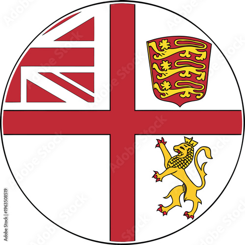heraldic flag round badge with red cross and lion shields