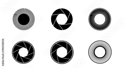 Camera aperture icons set with black and white designs and various line patterns featuring icon, design, pattern with photography and shutter