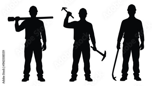 Silhouettes of miners with various mining tools