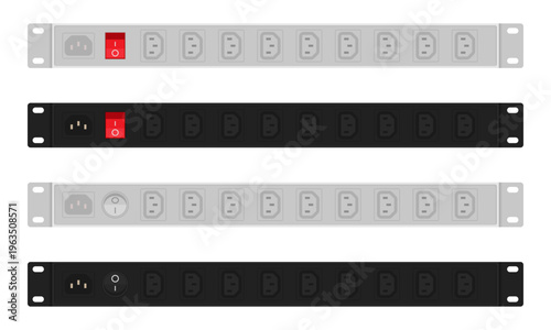 19-Inch Rack Mount Power Distribution Unit (PDU) vector illustration set for technical diagrams, server room infrastructure layouts, and industrial networking hardware