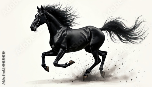 Black horse runs in ink wash style. Powerful equine gallops with flowing mane and tail. Isolated animal art symbolizes strength, freedom and Chinese zodiac.