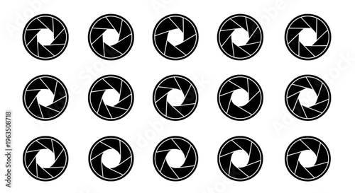 Cameras shutter icon set with black and white graphic illustrations, simple design elements. featuring camera, illustration, element with photography