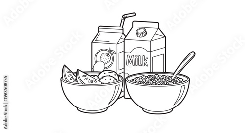 Cereal and milk breakfast setup with bowls and cartons