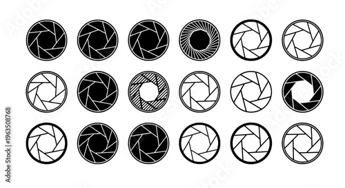 Camera shutter icons set with black and white designs and various line patterns featuring design, pattern, graphic with resource and photography