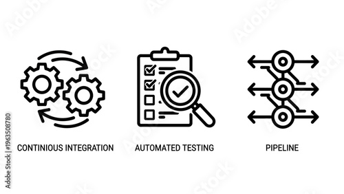 Continuous integration, automated testing, and pipeline icons representing software development workflow, process flow