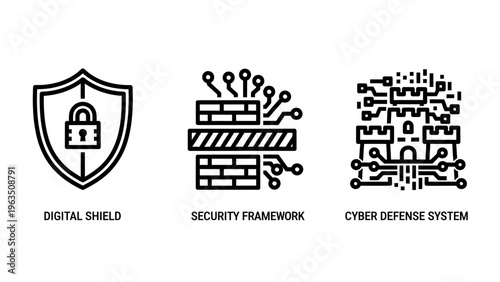 Digital shield with lock, security framework, and cyber defense system icons for online protection and safety, data protection