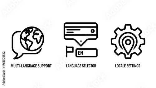 Global communication icons: language support globe, language selector, locale settings gear