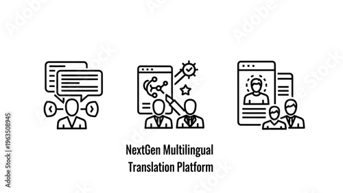 Multilingual translation platform icons: communication, global network, user profiles, nextgen technology