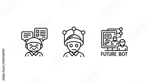 Modern technology icons: AI chatbots, future bot interface, digital assistants, automation concepts