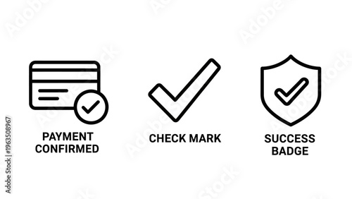 Confirmation icons: credit card payment confirmed, check mark, and success badge with shield, e commerce