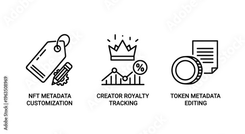 Nft metadata customization, creator royalty tracking, and token metadata editing icons with tag, crown chart, and coin graphics