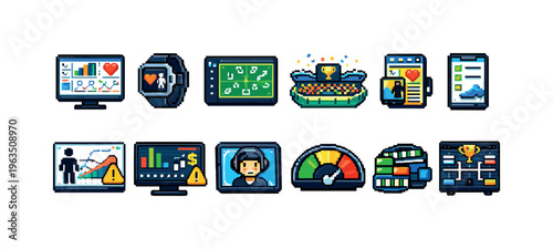 Pixel art icons representing digital dashboards, analytics, and achievements