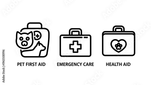 First aid icons: pet first aid kit with animal face, emergency care bag, and health aid box