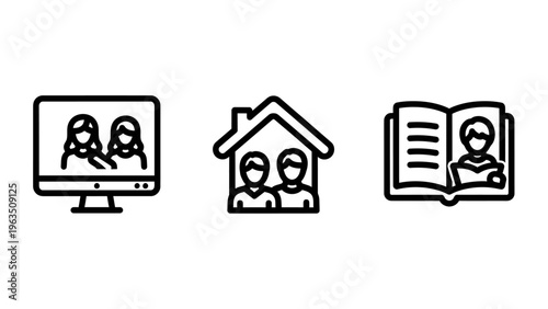 Digital communication and online learning icons: computer screen, home with people, and open book for education and connectivity