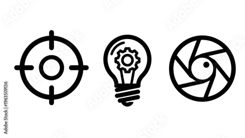 Set of three icons: target, lightbulb with gear, and camera aperture, representing focus, ideas, and photography or precision