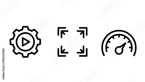 Player and performance icons: play button gear, fullscreen expand arrows, and speedometer for media controls